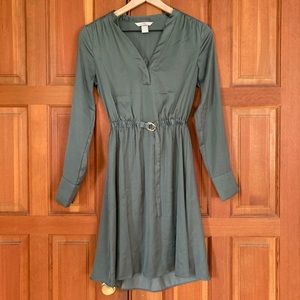 H&M Silky Olive Green Belted Long Sleeve Dress XXS